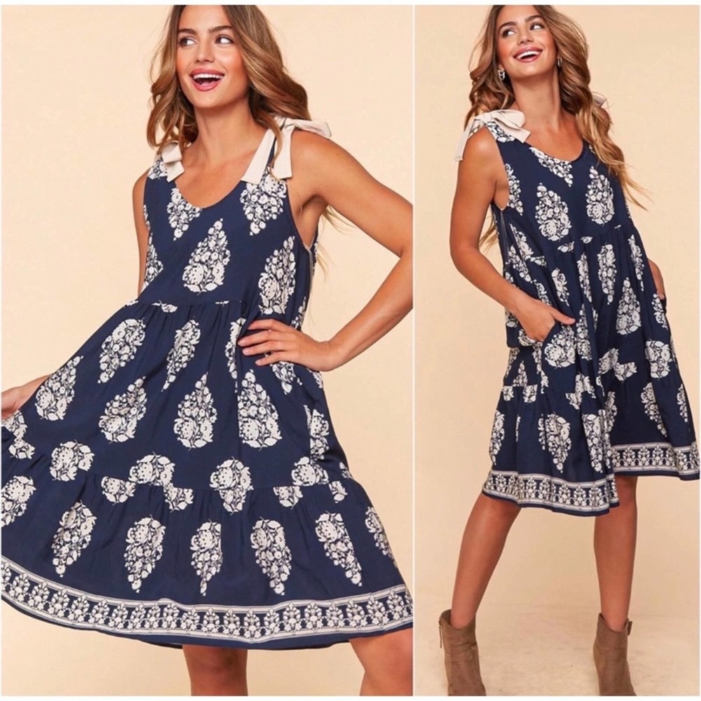 Navy Floral Tie-Shoulder Sleeveless Dress - L